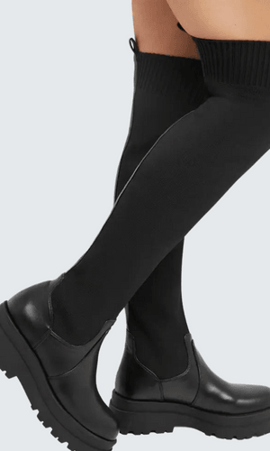 Black Chunky Platform Over The Knee Knitted Sock Boots